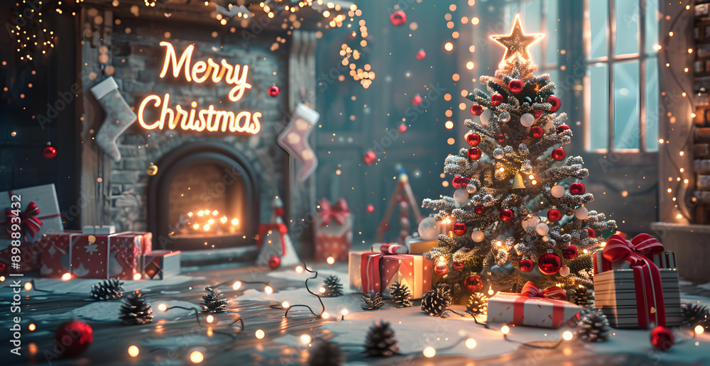 Merry Christmas is written on the fireplace mantle Merry Christmas is written on the fireplace mantle