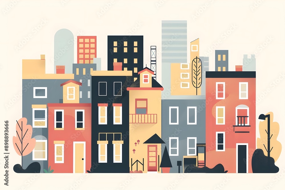 Fototapeta premium Abstract Cityscape Illustration With Buildings And Trees