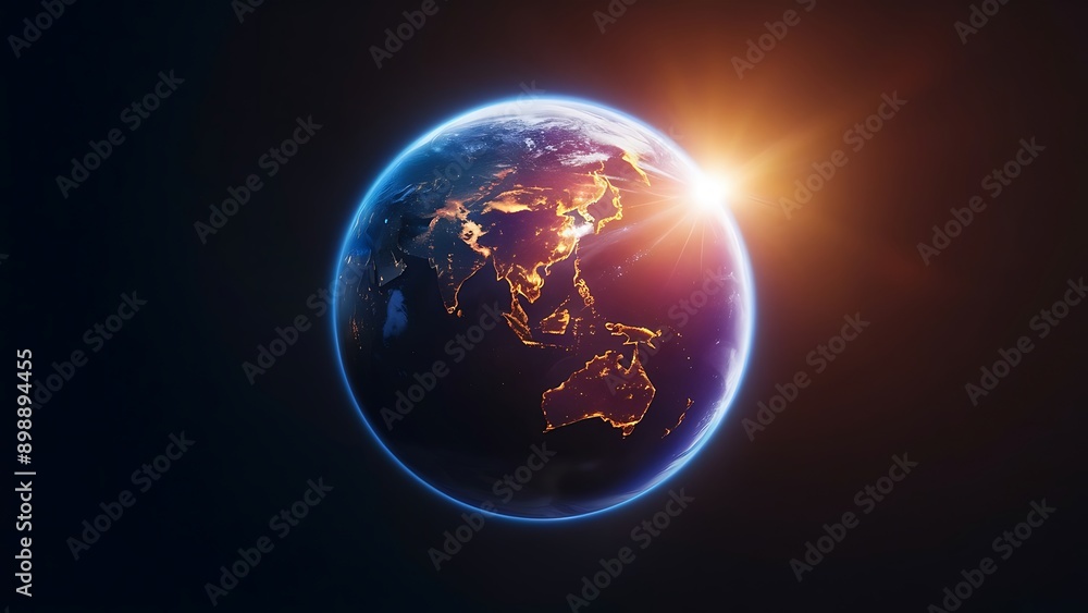 A stunning astronaut's view of Earth showcases a vibrant blue sunrise. The planet is suspended in the vast, dark expanse of space, with stars still visible in the background. The Earth's atmosphere A stunning astronaut's view of Earth showcases a vibrant blue sunrise. The planet is suspended in the vast, dark expanse of space, with stars still visible in the background. The Earth's atmosphere