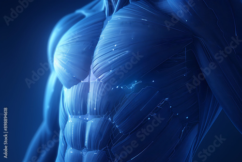 A close-up 3D illustration of abdominal muscles, representing human power and strength. The silhouette logo is designed in a wireframe style on a dark blue background, emphasizing the intricate detail photo