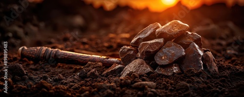 Ancient stone tools laid out on an excavation site, Historical, Sepia tones, Photography