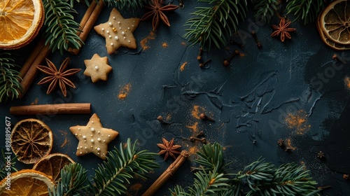 Fototapeta Naklejka Na Ścianę i Meble -  Close up of festive arrangement including star shaped Christmas cookies spices dried orange and fir branches on dark backdrop