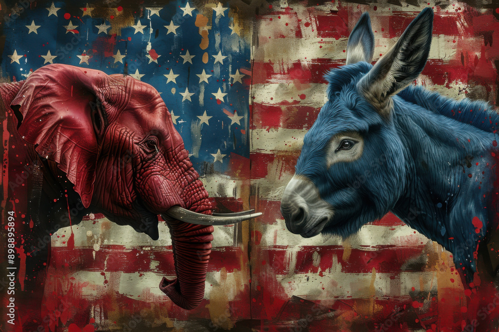 Republican and democrat elephant and donkey facing off American election party politics concept