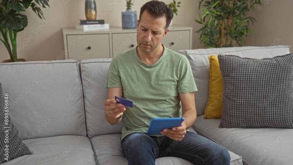 Middle-aged man using a tablet while holding a credit card in the living room of his home Middle-aged man using a tablet while holding a credit card in the living room of his home