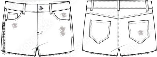 Denim Destroyed Shorts technical fashion illustration with micro length, raw edge, mid rise and 5 pockets. Flat bottom apparel template front, back, white and black colour style. Unisex CAD mockup.