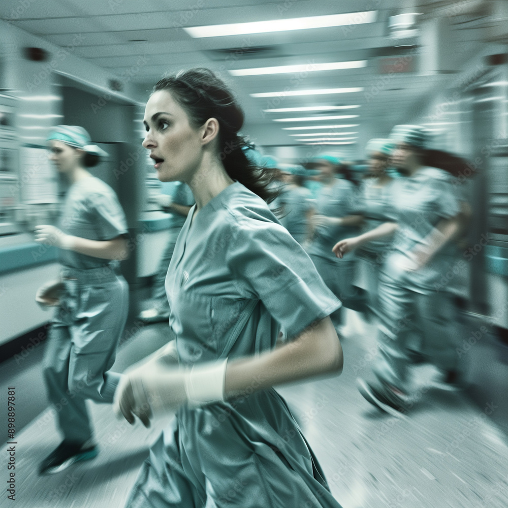 Fototapeta premium Nurses Running in Chaos in Hospital: High-Resolution Photo Capturing a Busy and Urgent Situation in a Clinical Setting, Highlighting the Fast-Paced Nature of Emergency Care