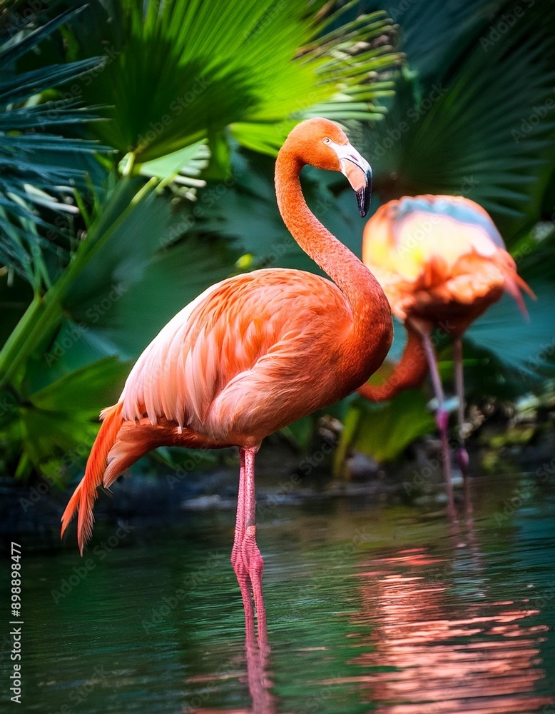 Fototapeta premium Flamingo in tropischer Landschaft: Farben und Formen