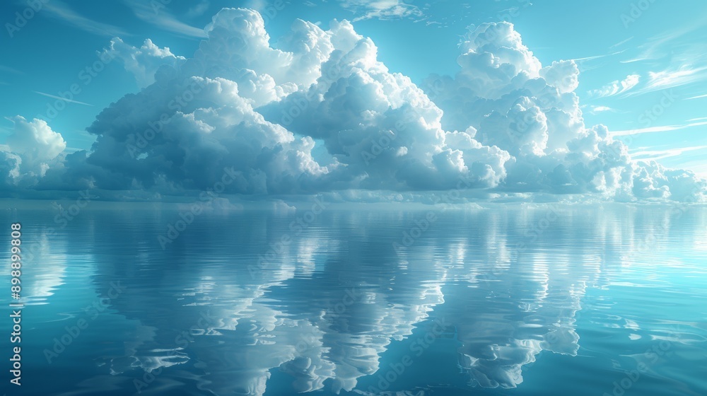 Fototapeta premium Serene summer day in paradise, blue sky, fluffy clouds reflecting in calm ocean. Nature's beauty and freedom captured in peaceful image