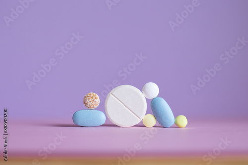 Pills and tablets on flat surface, plain light purple background. Sizes and colors include blue, white, yellow, photo