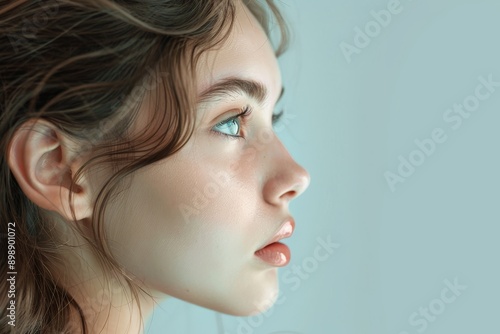 Photorealistic beautiful young girl with clear skin in profile on a Light background close-up Generative AI