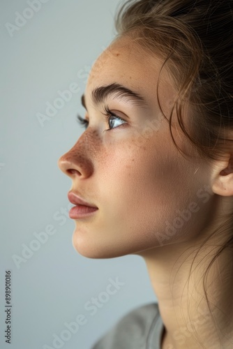 young girl with clear skin in profile on a Light background close-up Generative AI