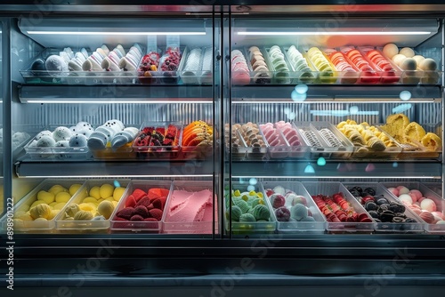 Photorealistic delicious display case with assorted ice cream Generative AI