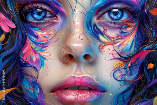 Abstract close up of a womans face with vibrant colors and artistic elements representing creativity beauty and the expressive nature of modern art in a striking visual