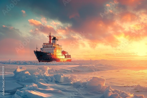 Photorealistic Icebreaker ship on the ice in the ocean Generative AI photo