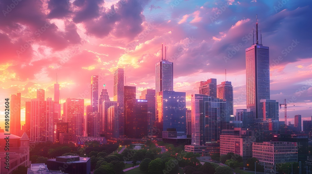 A beautiful and dramatic panoramic banner photograph of a big city skyline, taken on a golden evening sunset, skyscrapers, rental A beautiful and dramatic panoramic banner photograph of a big city skyline, taken on a golden evening sunset, skyscrapers, rental