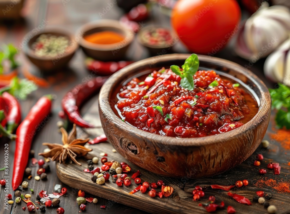 A bowl of red sauce with a bunch of red peppers and basil on a wooden table A bowl of red sauce with a bunch of red peppers and basil on a wooden table