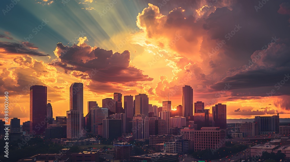Fototapeta premium A beautiful and dramatic panoramic banner photograph of a big city skyline, taken on a golden evening sunset, skyscrapers, rental