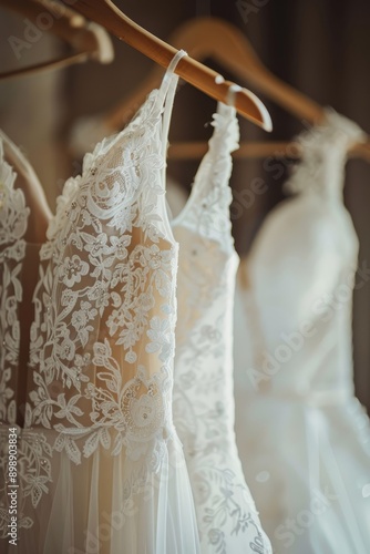 Photorealistic Closeup wedding dresses hanging on hanger Generative AI