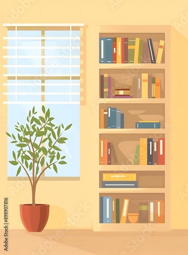 Modern Flat Cartoon Illustration Of Interior Design With Bookcase And Window