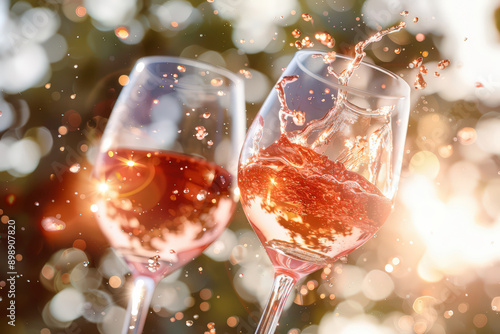 Two glasses of rosé wine clinking with splashes and bokeh background