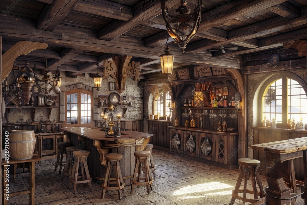 Cozy kitchen with a bar and stools in a rustic setting Cozy kitchen with a bar and stools in a rustic setting