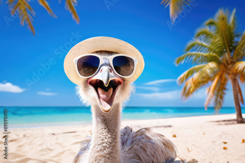 A funny ostrich animal in sunglasses relaxing on a sandy beach. photo