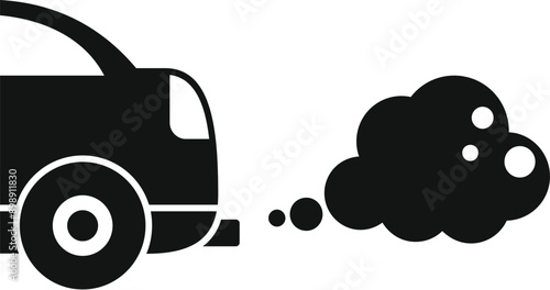 Black and white icon of a car emitting smoke pollution, representing the negative impact of vehicle emissions on the environment