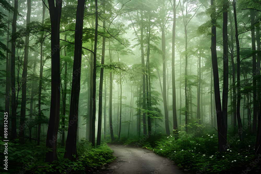 Obraz premium Serenity in the Mist: A Foggy Morning in a Dense Forest Inviting Reflection and Tranquility