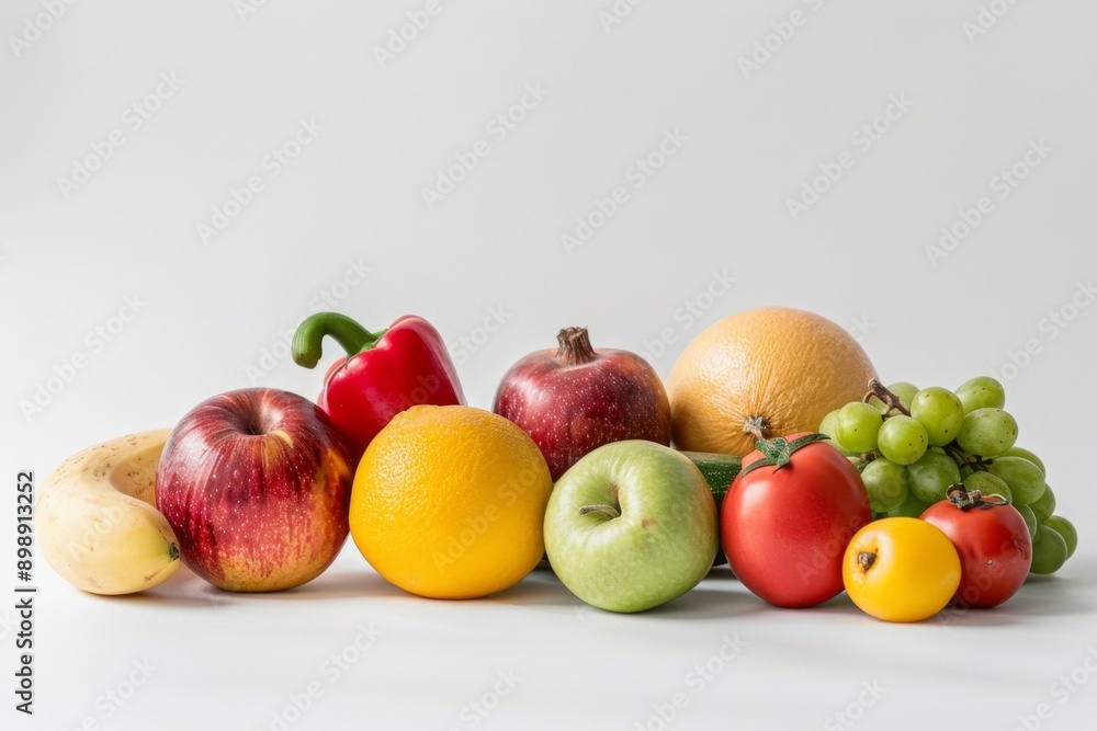 Delicious Natural Bio vegetables and fruits on a white background Generative AI Delicious Natural Bio vegetables and fruits on a white background Generative AI