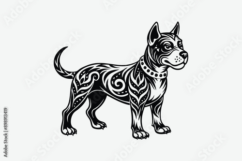 Cute black and white shepherd puppy, a vector illustration of a dog, sitting isolated