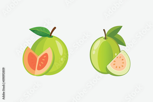 Fresh and healthy set of fruits and vegetables with vibrant Guava, oranges, and leafy greens in a vector illustration style