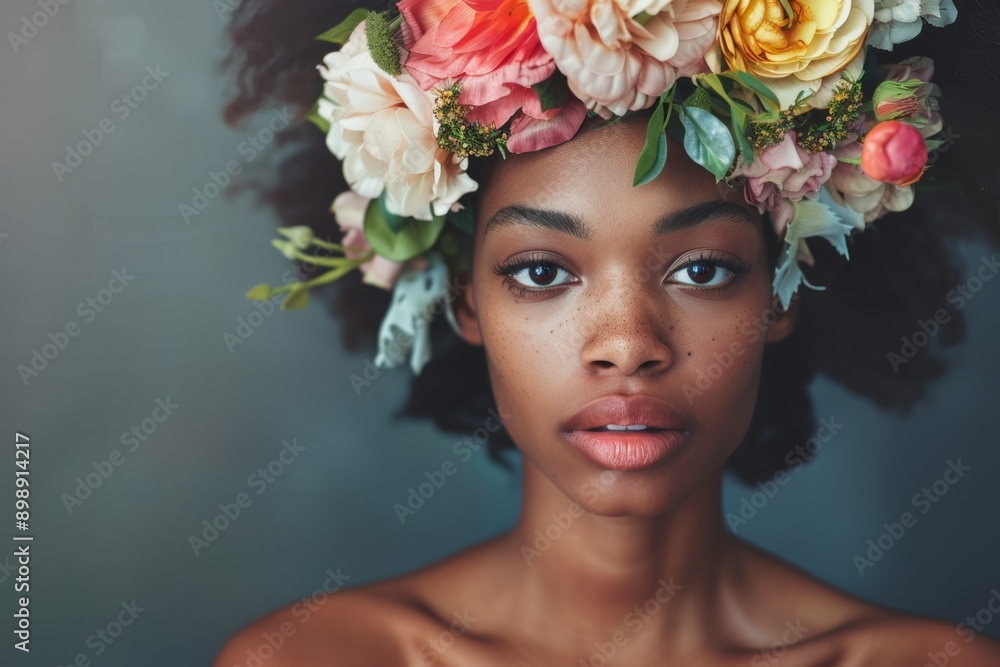young afro american woman with a wreath of flowers on her head Generative AI young afro american woman with a wreath of flowers on her head Generative AI