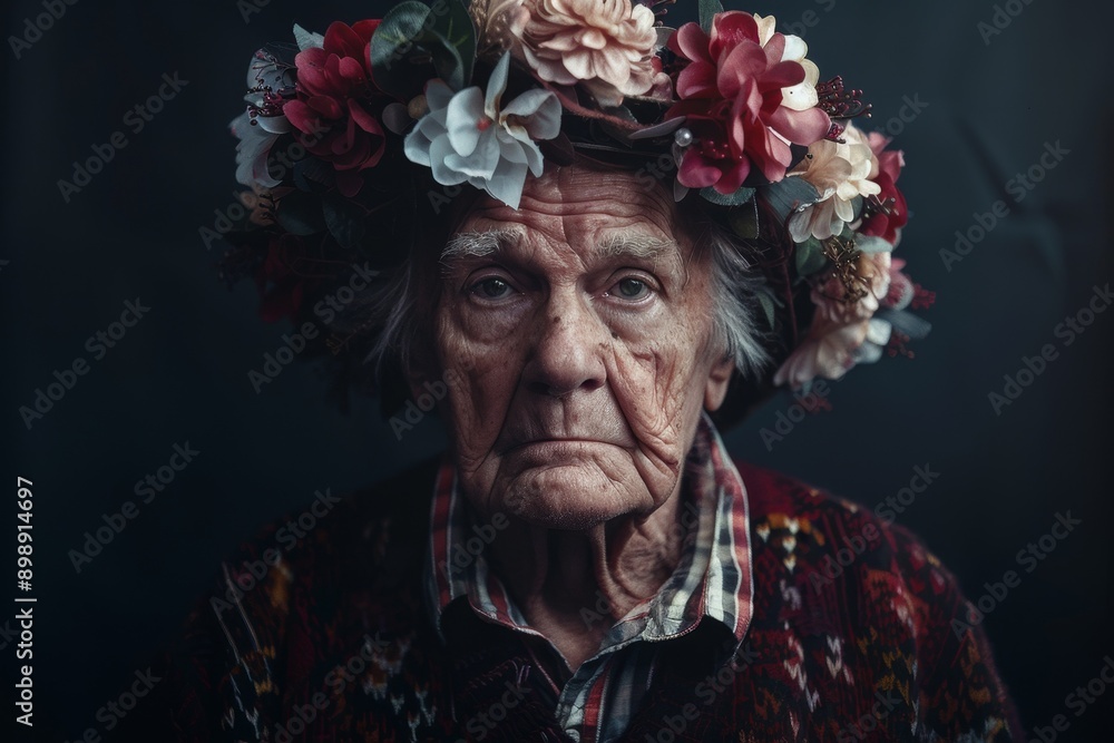 elder man with a wreath of flowers on his head Generative AI elder man with a wreath of flowers on his head Generative AI