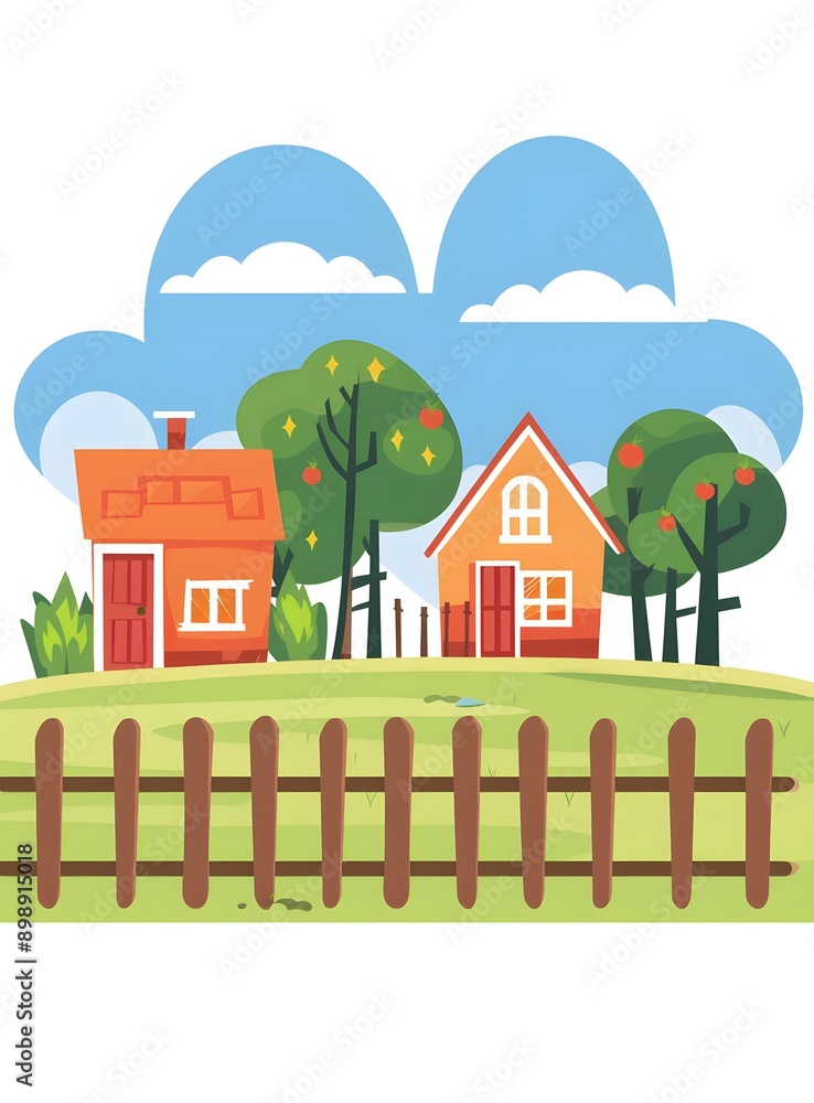 Cartoon Illustration of Two Houses in a Green Field Cartoon Illustration of Two Houses in a Green Field
