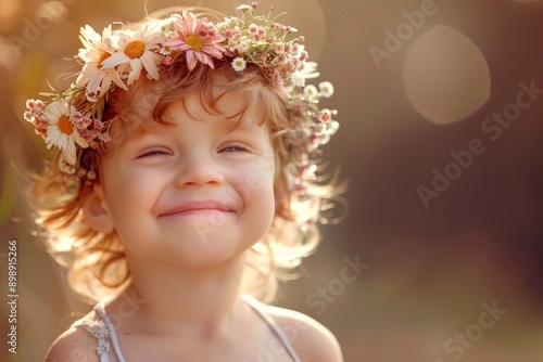  smiling child with a wreath of flowers on his head Generative AI