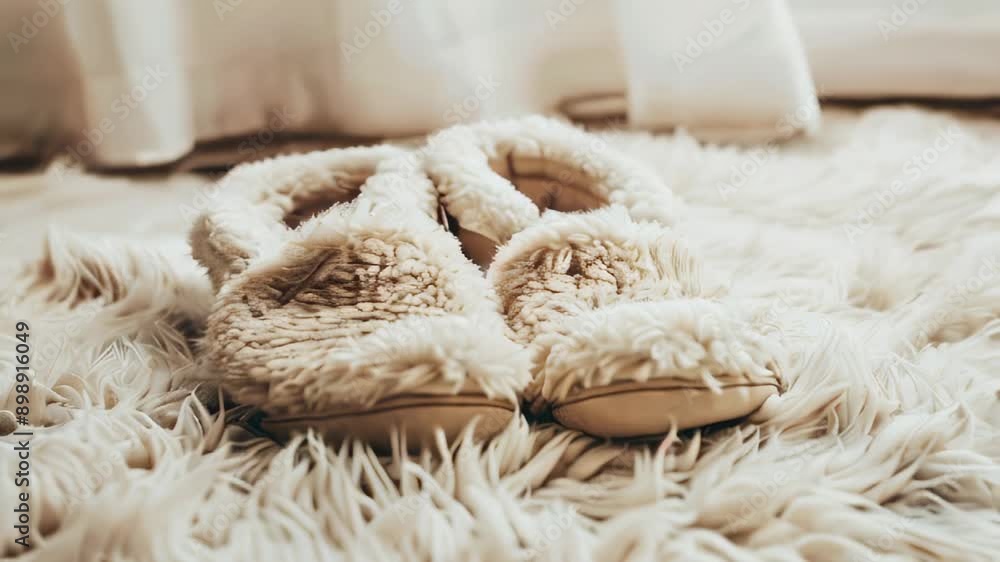 Cozy, fluffy slippers on soft, furry rug by window Cozy, fluffy slippers on soft, furry rug by window