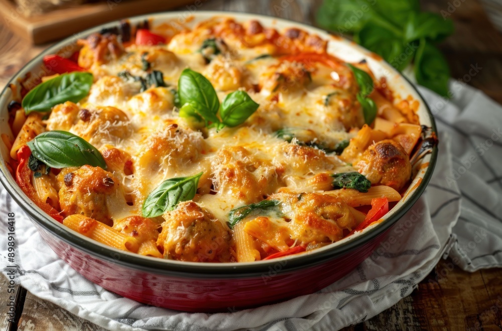A red bowl of pasta with meatballs and cheese. The dish is full of flavor and looks delicious A red bowl of pasta with meatballs and cheese. The dish is full of flavor and looks delicious