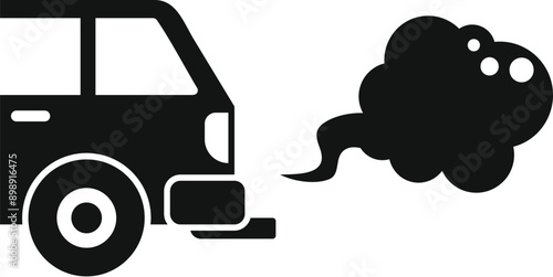Simple icon representing an old car emitting a large cloud of smoke, symbolizing pollution