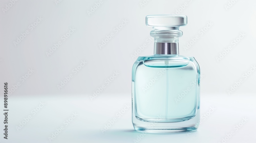 Elegant glass perfume bottle with light blue liquid on soft background. Elegant glass perfume bottle with light blue liquid on soft background.