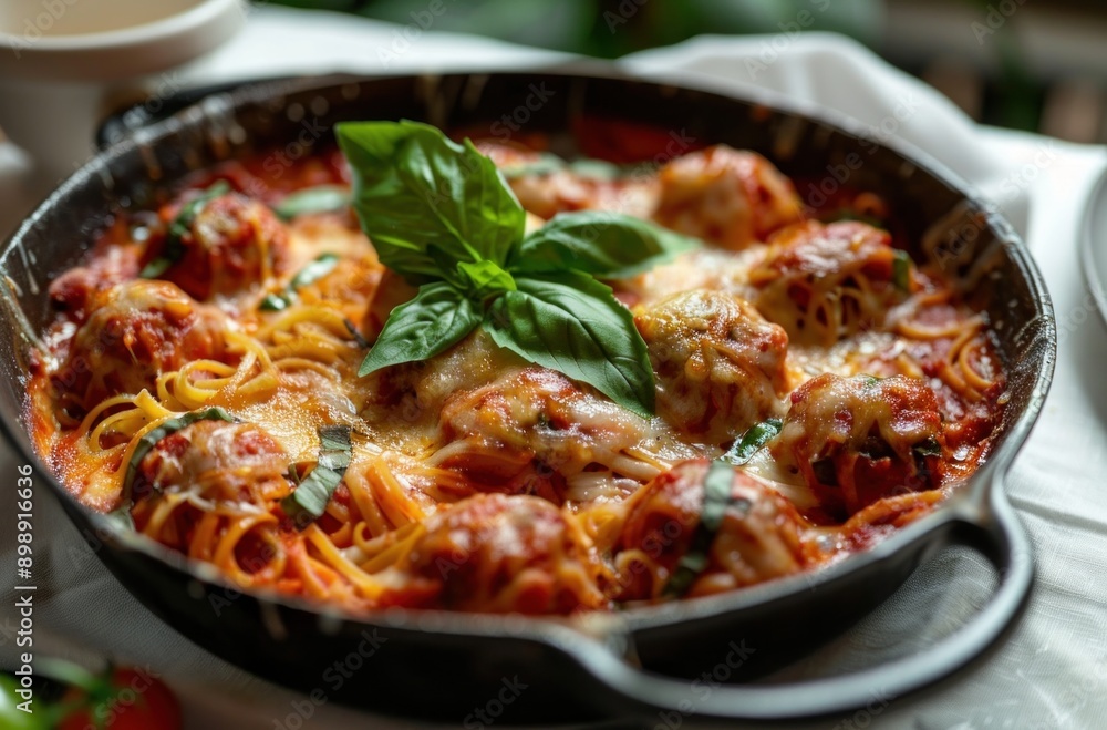 A black pan filled with spaghetti and meatballs. The meatballs are covered in cheese and surrounded by a generous amount of basil A black pan filled with spaghetti and meatballs. The meatballs are covered in cheese and surrounded by a generous amount of basil