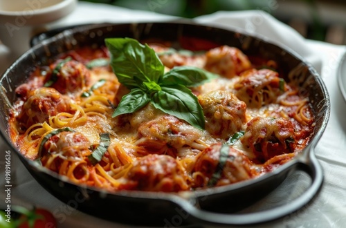 A black pan filled with spaghetti and meatballs. The meatballs are covered in cheese and surrounded by a generous amount of basil