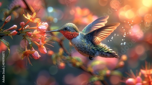 Hummingbird with iridescent feathers is hovering and sipping nectar from a pink flower with its long beak on a sunny day © ProVector