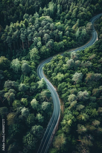 overhead view of a road in the middle of a forest Generative AI