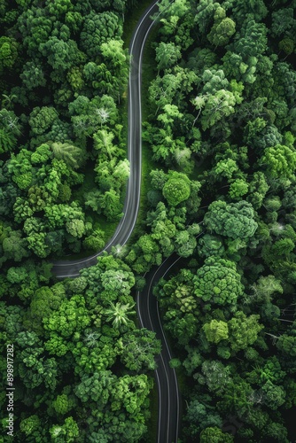 overhead view of a road in the middle of a forest Generative AI