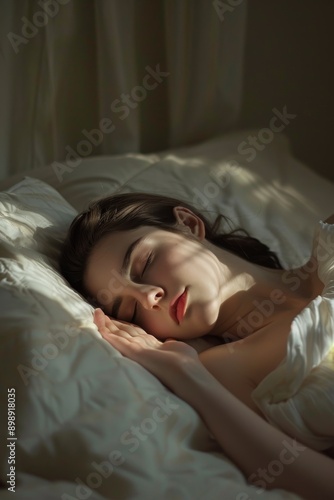 a young lady curled up in bed Generative AI