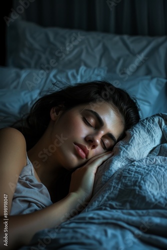 a young lady curled up in bed  Generative AI photo