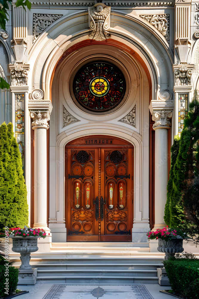 Majestic Grand Entrance with Classical Architecture, Double Wooden Doors, and Stained-Glass Window Majestic Grand Entrance with Classical Architecture, Double Wooden Doors, and Stained-Glass Window
