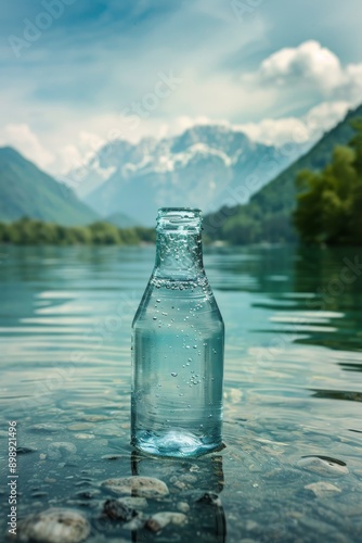 Wallpaper Mural a bottle of pure drinking water with a lake and mountains in the backdrop Generative AI Torontodigital.ca