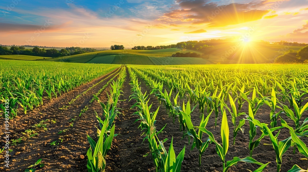 Sunset over Green Cornfield in Rural Landscape. Concept of Agriculture, Farming, Nature, Crop Cultivation Sunset over Green Cornfield in Rural Landscape. Concept of Agriculture, Farming, Nature, Crop Cultivation
