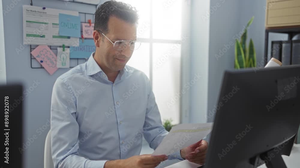Hispanic man working in office, reviewing documents at desk, appearing focused and excited, wearing glasses and blue shirt, indoor setting with natural light, potted plant and notes background Hispanic man working in office, reviewing documents at desk, appearing focused and excited, wearing glasses and blue shirt, indoor setting with natural light, potted plant and notes background